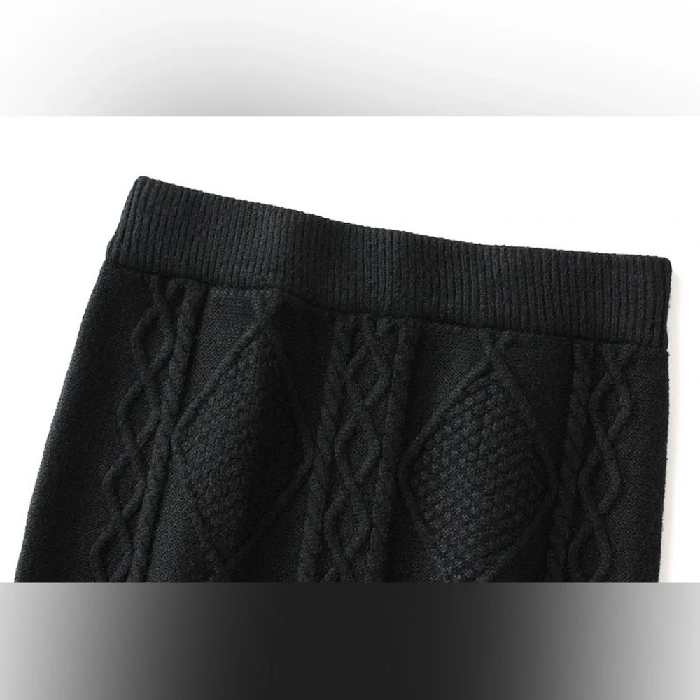 NEW Black Cable Stretchy Knit Bodycon Midi Sweater Skirt